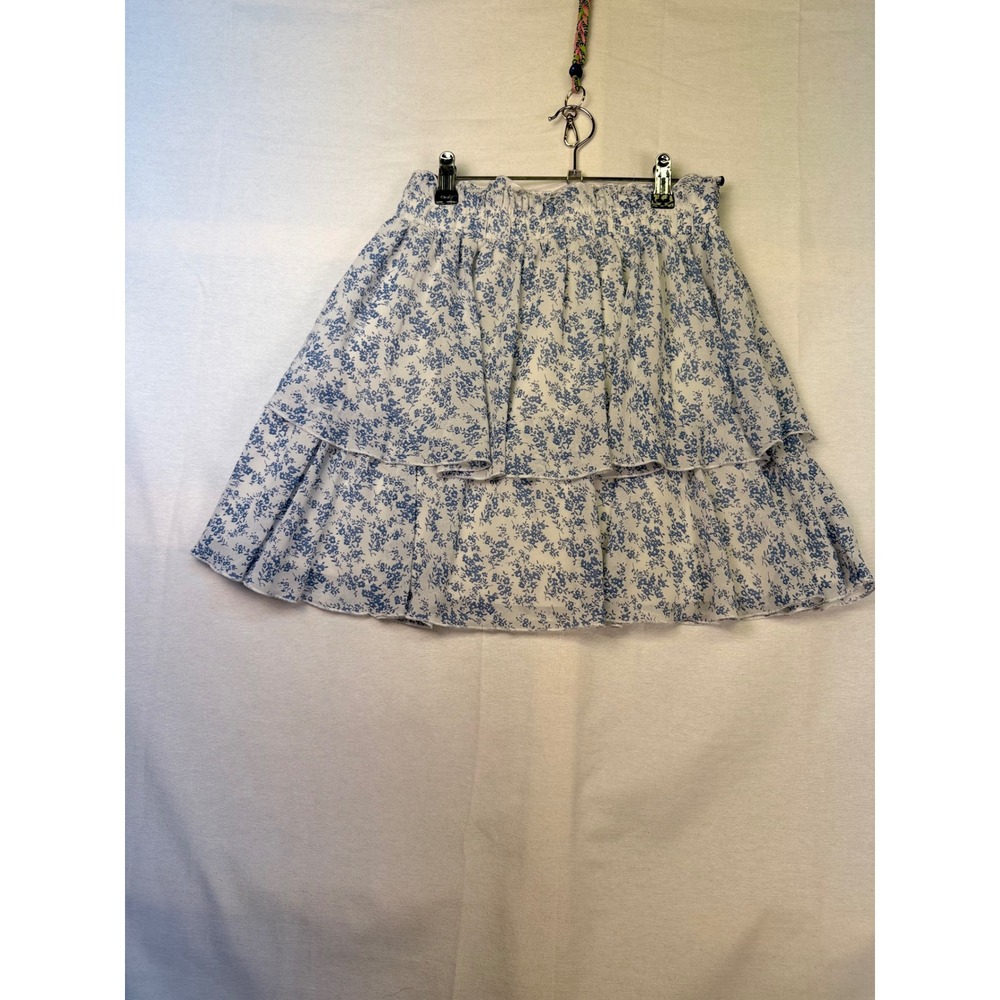 Vestique Blue White Floral Tiered Mini Skirt Smocked Waist EA1N6858 Medium